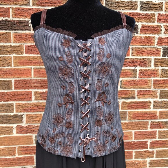 Tops - NY&Co Lace-Up Corset Top Embroidered Brown Plaid Bustier Size L